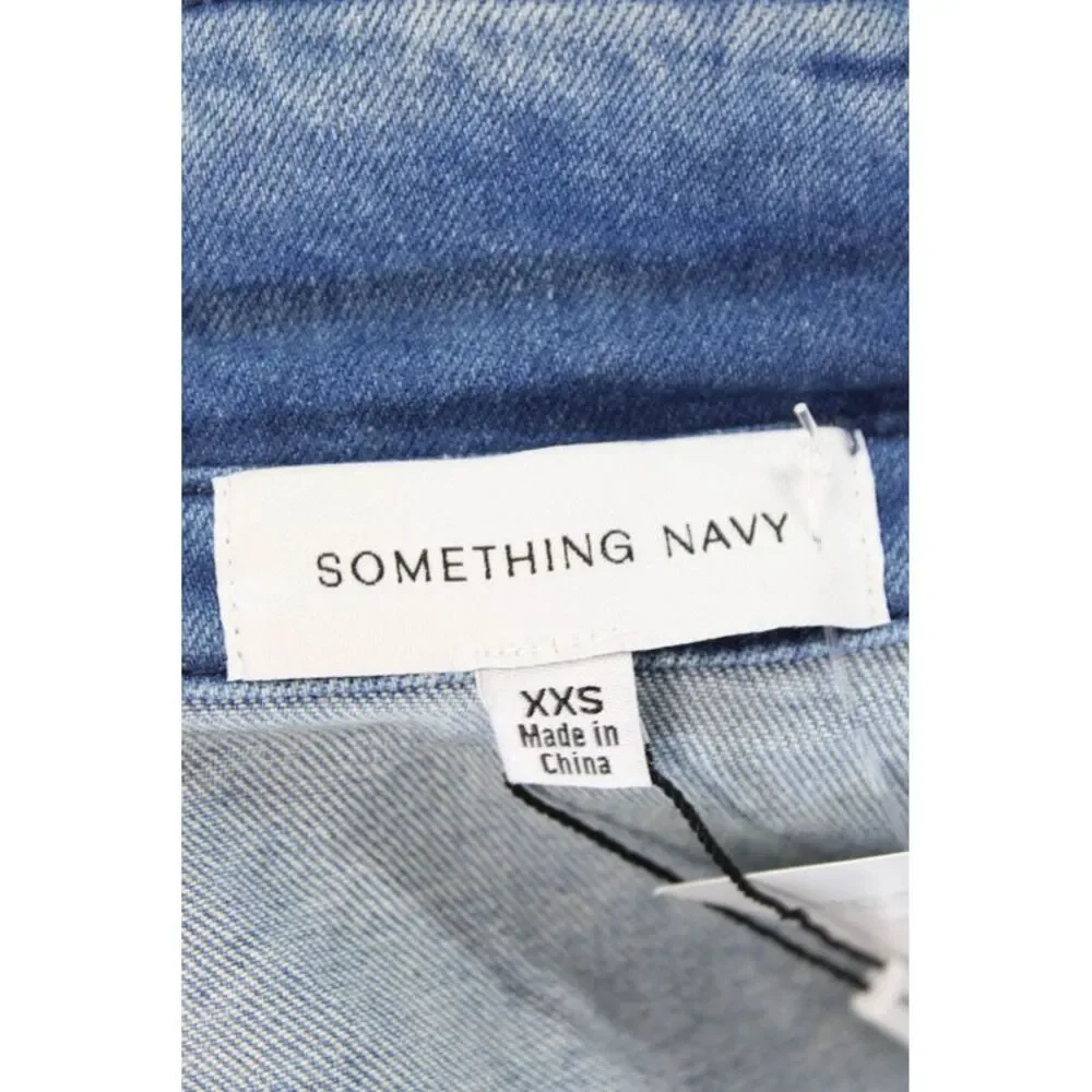 Something Navy Women's Medium Wash Straight Leg Denim Jumpsuit Size XXS